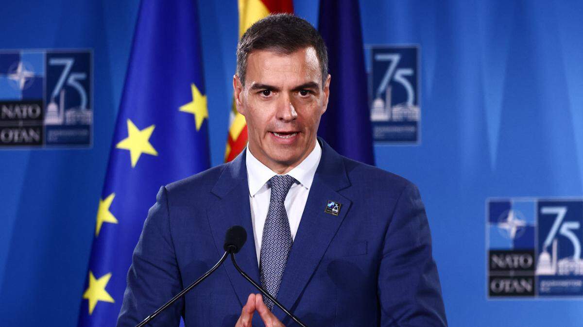President od Spain Pedro Sanchez attends a press conference during the 75th NATO Summit in the Walter E. Washington Convention Center in Washington, DC, on July 11, 2024. (Photo by Beata Zawrzel/NurPhoto) (Photo by Beata Zawrzel / NurPhoto / NurPhoto via AFP)