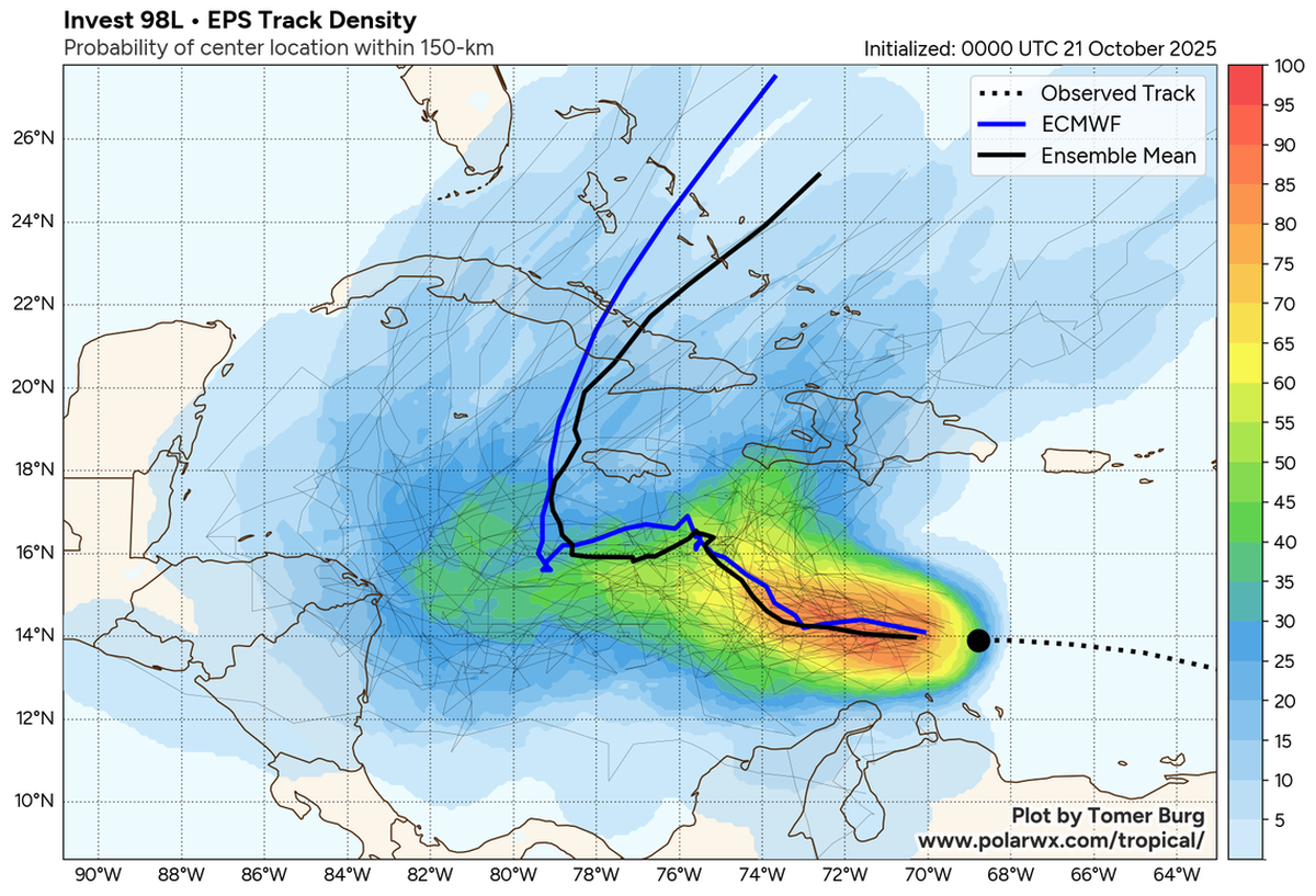 La media de los conjuntos del martes por la mañana del modelo europeo sugiere un giro hacia el norte para la futura tormenta tropical Melissa.