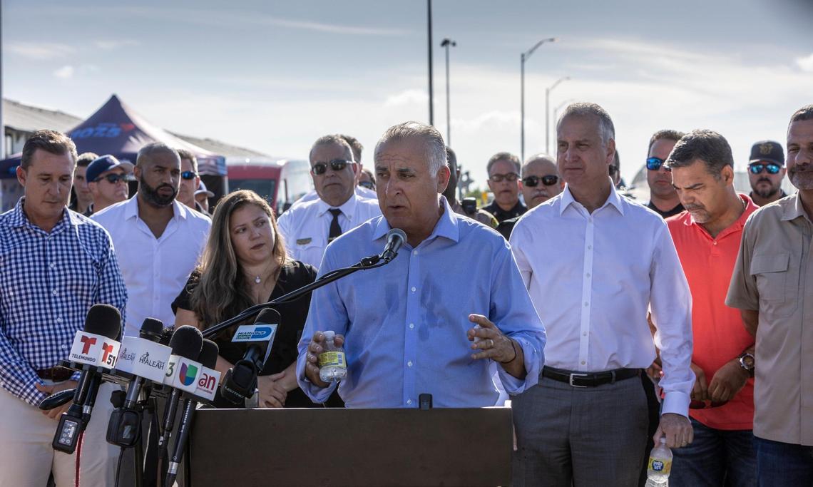Hialeah Mayor Esteban Bovo Jr., center, speaks during the groundbreaking ceremony for the new bridge at Northwest 170th Street, connecting Hialeah and Miami Lakes on Aug. 16, 2022.