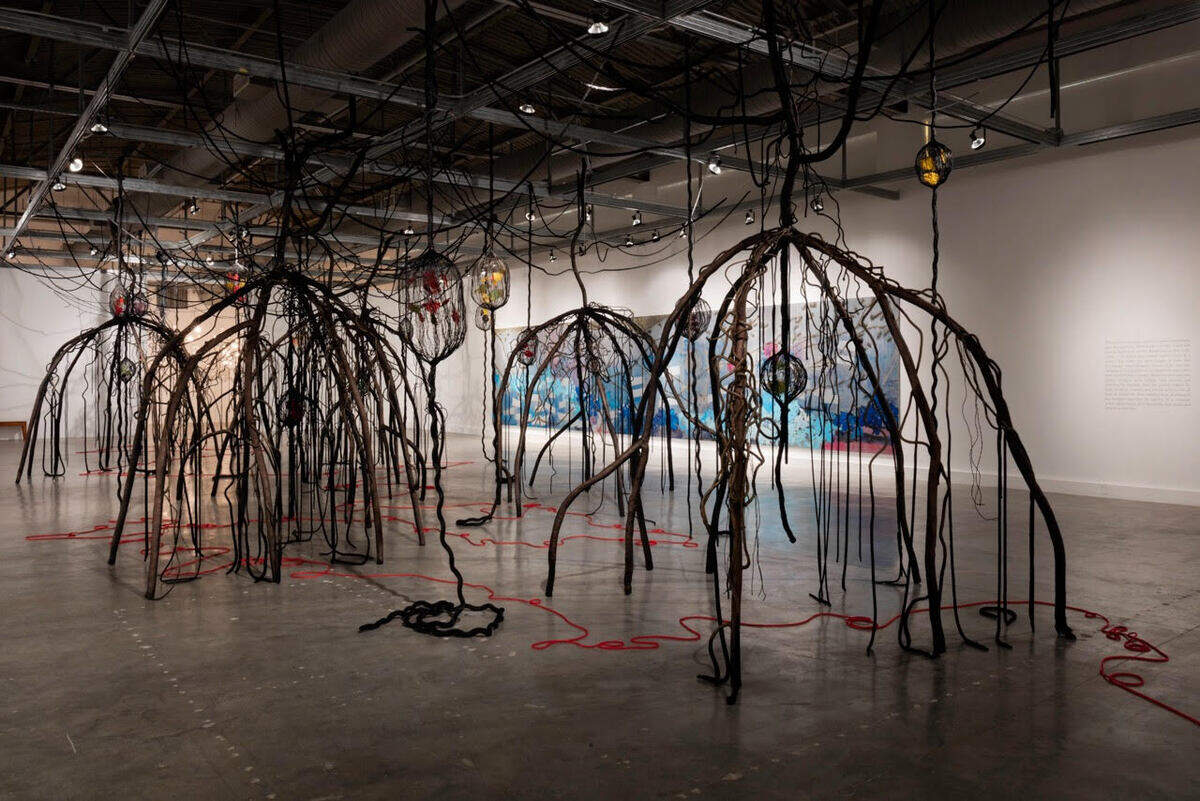 ‘Mangrove Labyrinth’, 2018, soga, acero, resina, alambre, papel japonés quemado y teñido, dimensiones variables.