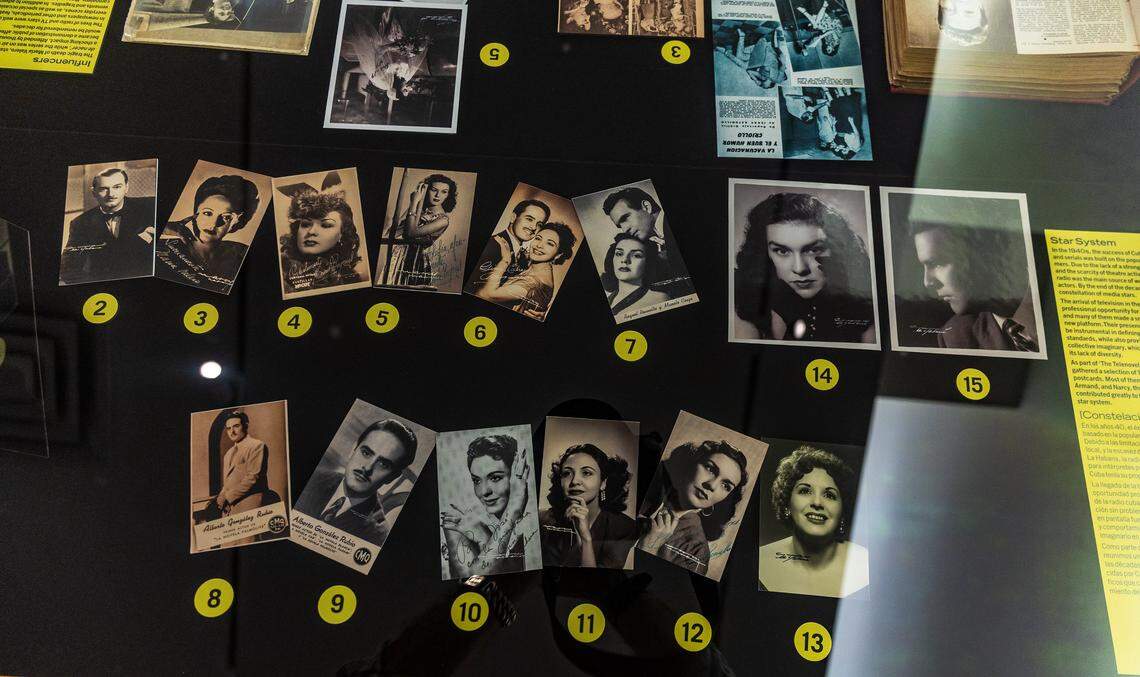 Images of Cuban telenovelas actors part of “The Telenovela Archives: Serialized Fiction in Cuba Before the Revolution” exhibit on display at the Cuban Heritage Collection at the Roberto C. Goizueta Pavillion on the University of Miami's Otto G. Richter Library, on Wednesday October 29, 2025.