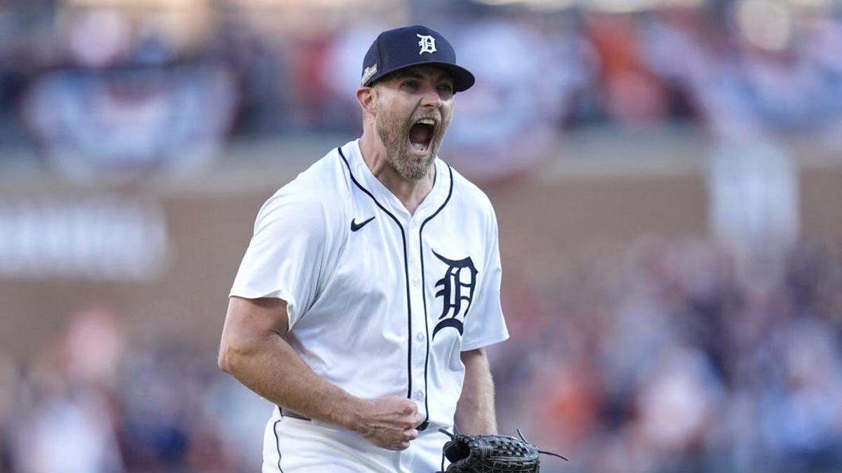 El relevista de los Tigres Will Vest celebra tras retirar el séptimo inning ante los Guardianes de Cleveland, en el tercer partido de la Serie Divisional de la Liga Americana celebrado el 9 de octubre de 2024 en Detroit.