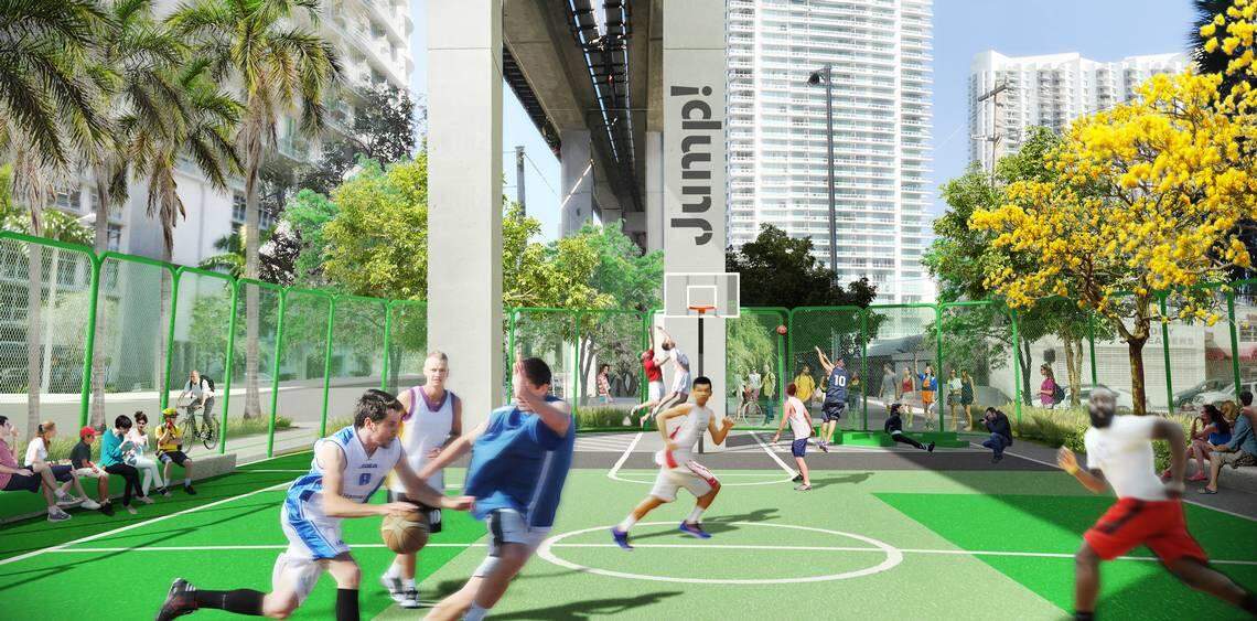 A rendering shows a planned basketball court that is part of the Underline segment in Brickell now under construction.