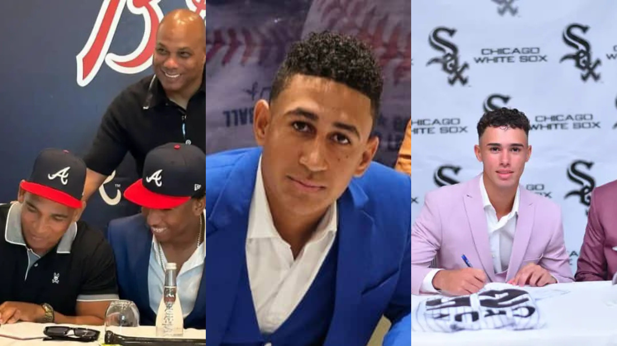 Los prospectos Diego Tornés, Maikol Rodríguez (centro) y Alejandro Cruz (der.) forman parte del grupo que lograron firmas con equipos de Grandes Ligas.