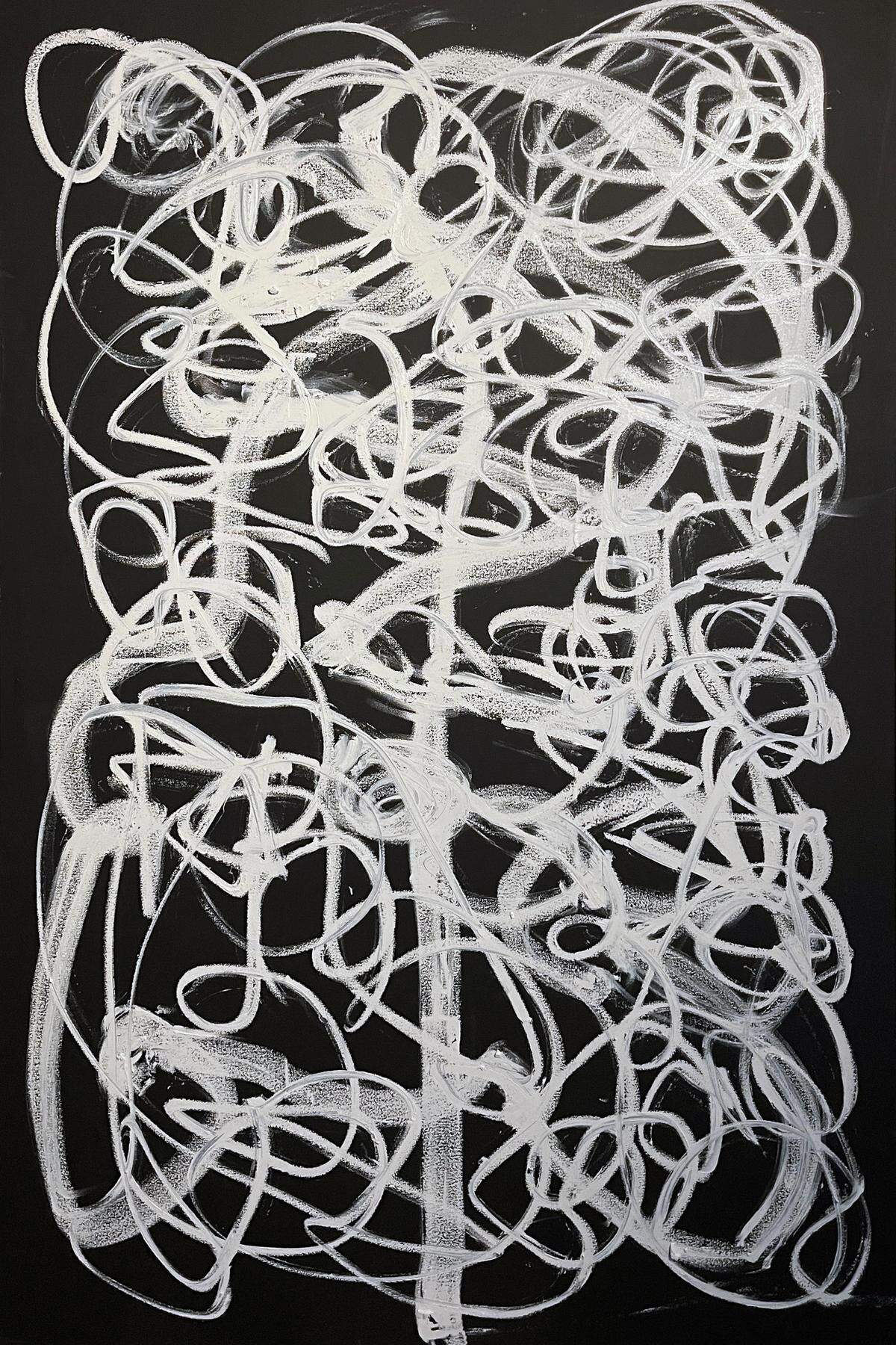 ‘Residencia T 1’, 2025, de la serie ‘Garabatos’). Acrílico y óleo pastel sobre tela,&nbsp;71.5 x 47.5 pulgadas.&nbsp;