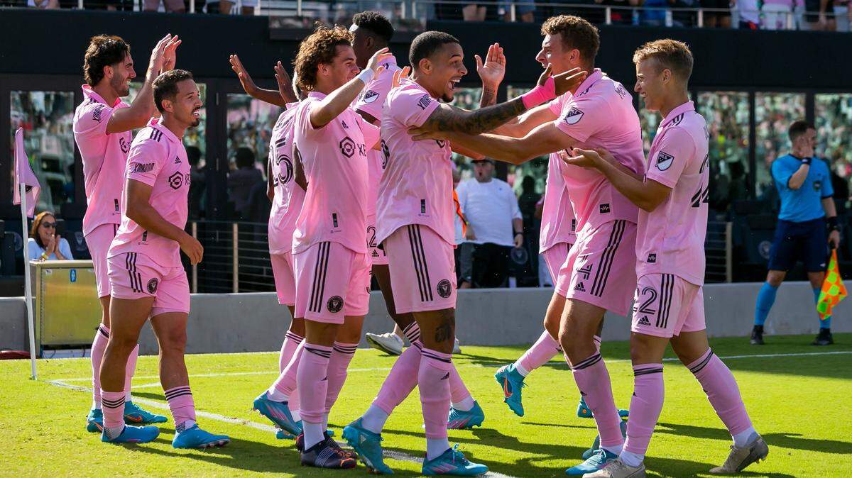 Inter Miami players celebrate one of Leonardo Campana’s three goals in a 3-2 win over New England Revolution on Apr. 9, 2022 at DRV PNK Stadium.