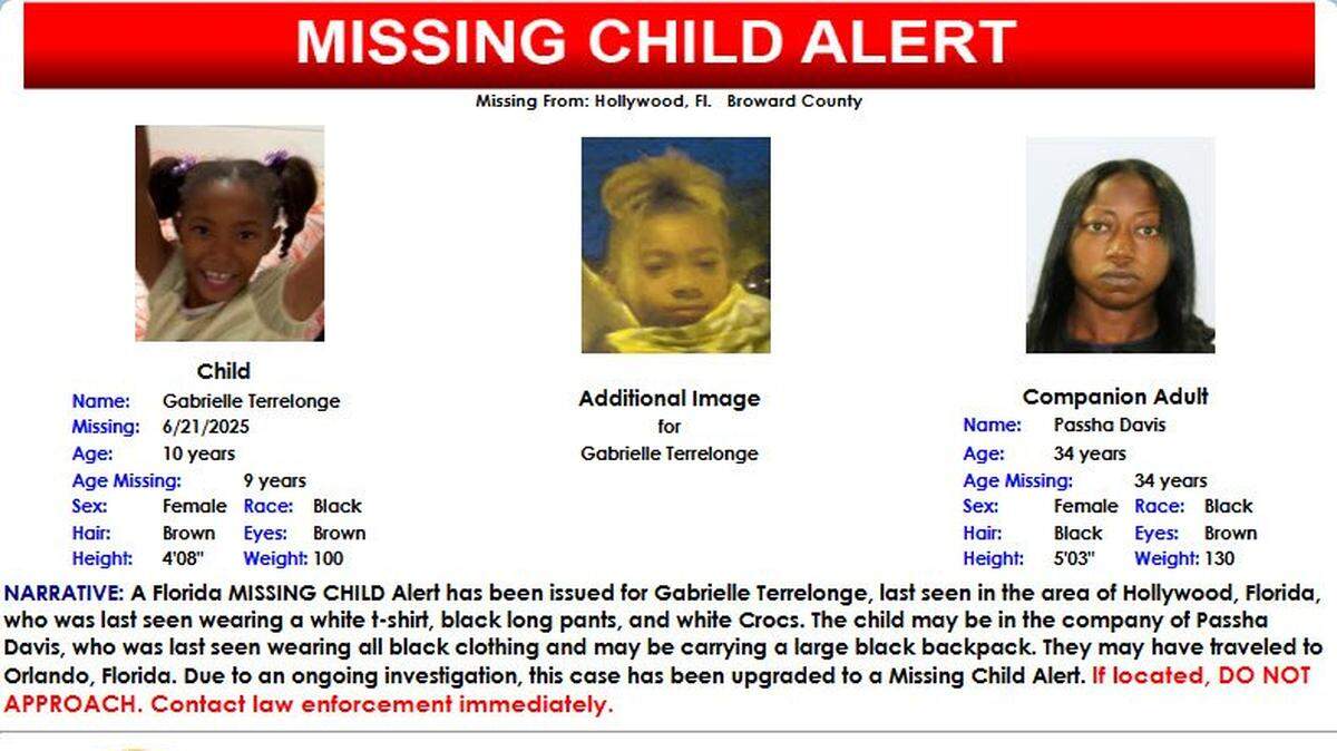 El FBI y agencias policiales de Florida están buscando a la niña Gabrielle Patricia Terrelonge, de 10 años de edad, desaparecida el 29 de octubre de 2025.
