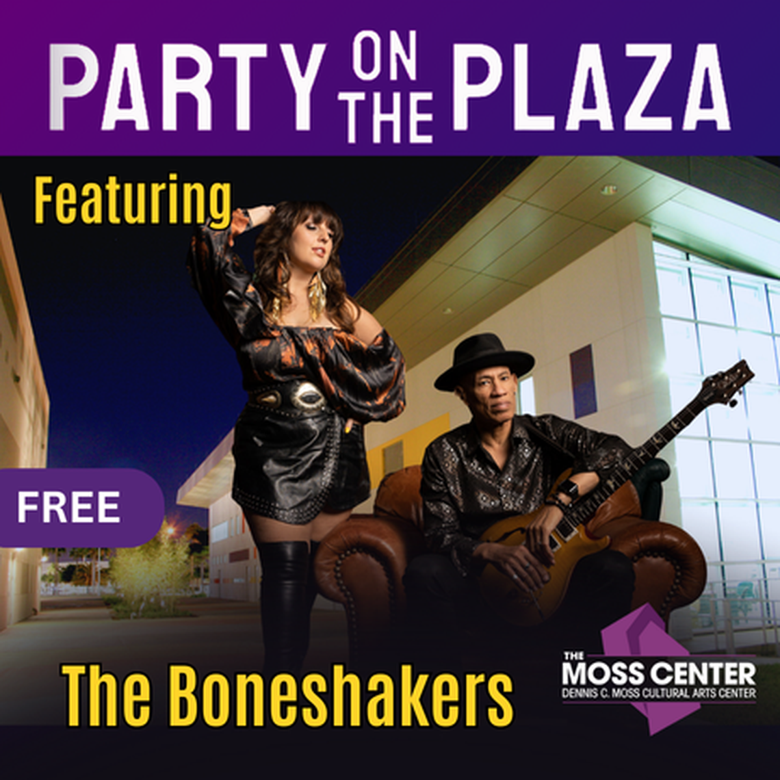 Fiesta en la plaza con “The Boneshakers” en el Moss Cultural Arts Center.