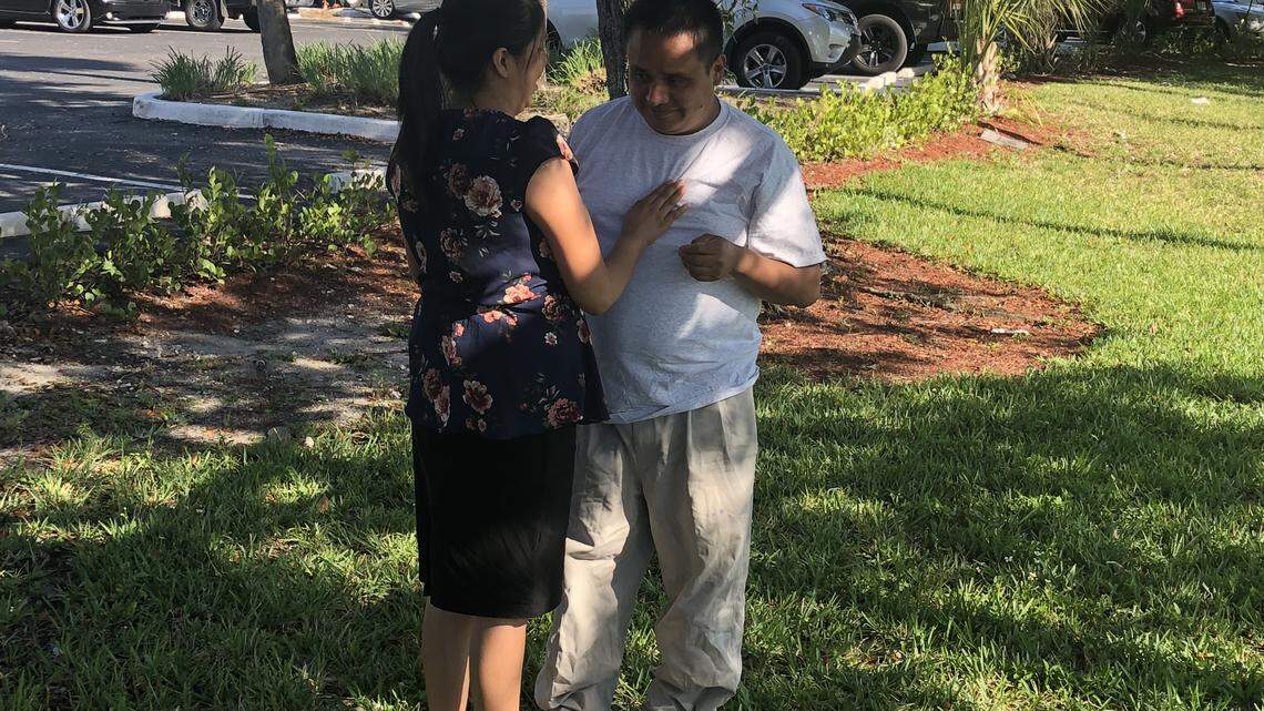 Juan Gaspar-García and his sister Dolores reunite outside the detention center for undocumented immigrants in Broward.