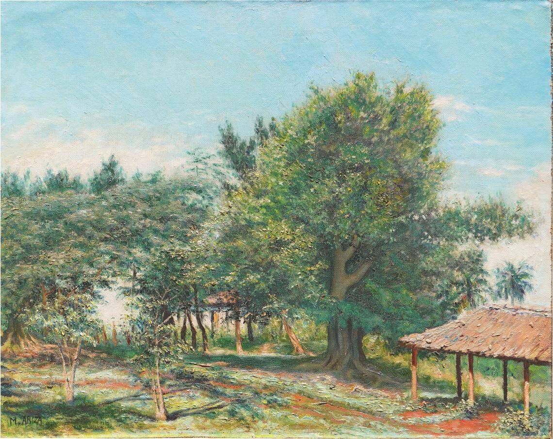 “Patio” (Backyard), 1931, de María Ariza y Delance, óleo sobre lienzo, 16.75 x 20.25 pulgadas. Cernuda Arte.        