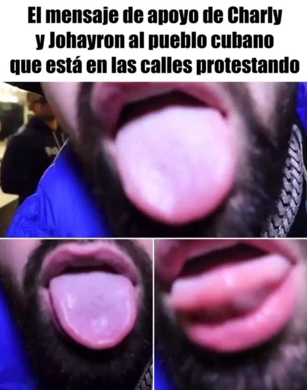 Uno de los memes que critican el gesto de burla de Charly, del dúo de reggaeton cubano Charly y Johayron, a quienes su representante les impidió contestar una pregunta del influencer Dayanoti sobre las protestas en Cuba el 17 de marzo.