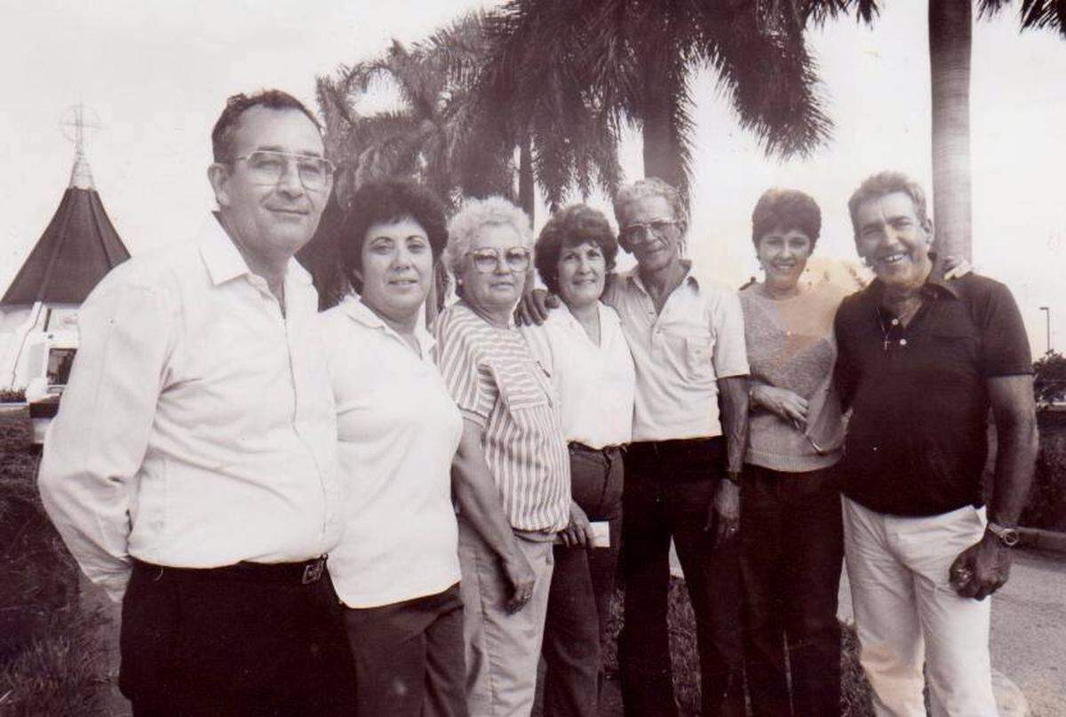 Lay leaders of the Confraternity during the Ave Maria Crusade in preparation for the visit of the Holy Father John Paul II to Miami in 1987: From left to right: Roger and Idalia Miranda, Georgina “Gina” Nieto, Nereyda and Carlos Fernandez, and Sirena and Jose de la O.