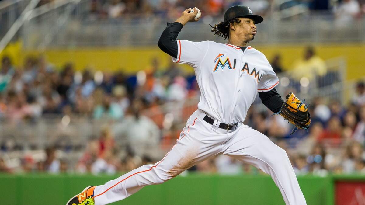 El abridor de los Marlins José Ureña trabajó cuatro entradas y permitió cinco carreras a los Bravos, el 23 de julio de 2018 en Miami.