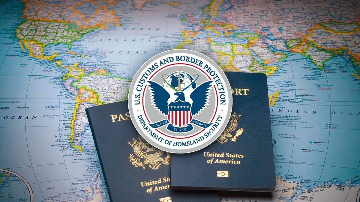 Illustration of passports and the U.S. Customs and Border Protection (CBP) seal for a guide on travel requirements to the United States for the 2026 World Cup.
