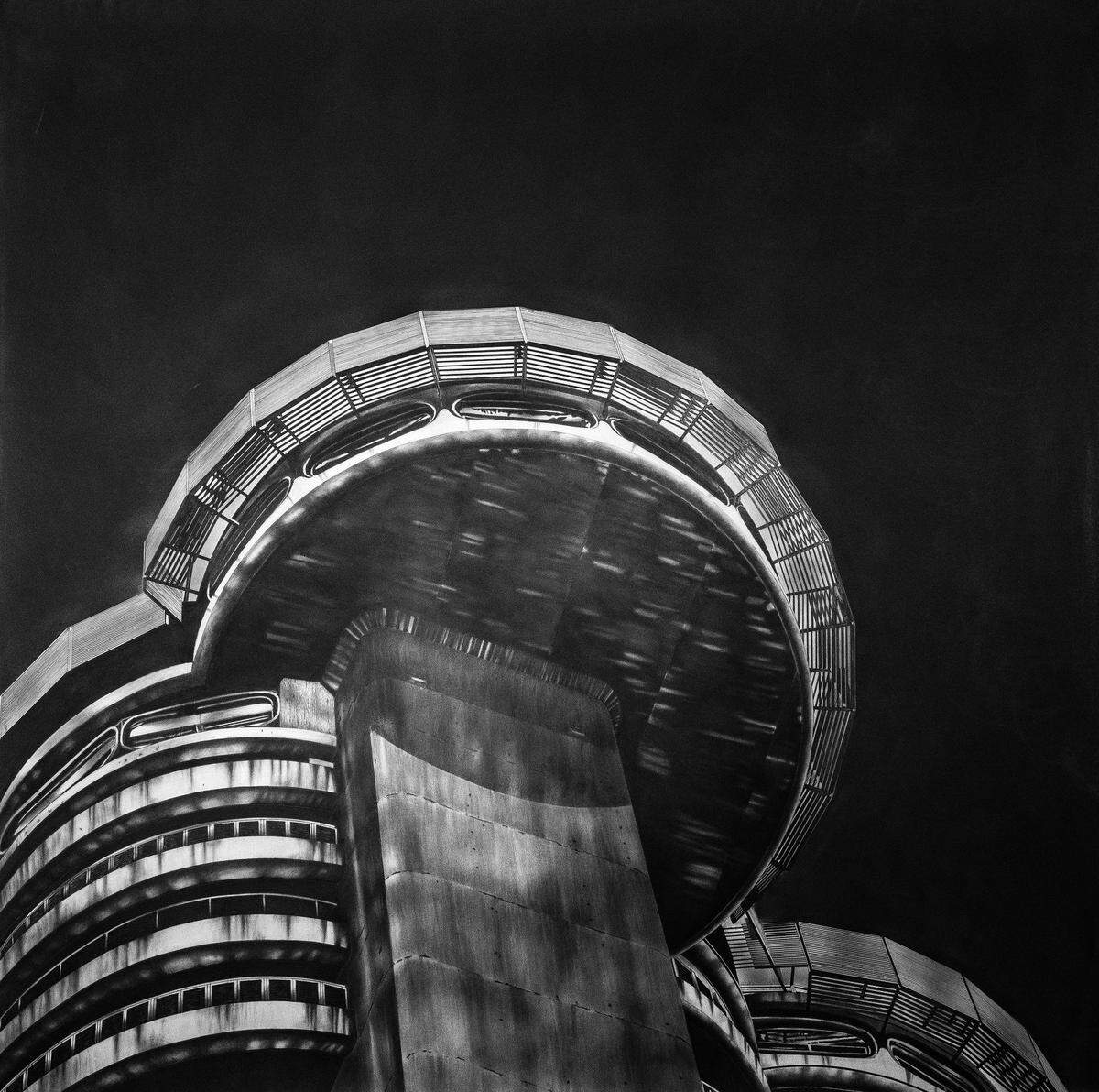 “Torres Blancas Building”, España, 2024. Grafito sobre papel Canson, 44 x 44 pulgadas.
