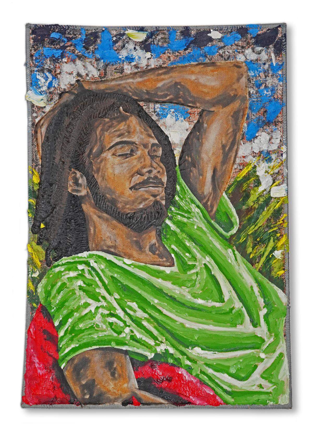 “Contemplaciones III” (Contemplation III), 2023, óleo sobre lienzo cosido a mano sobre una alfombra, 35 x 23 ¼ pulgadas.