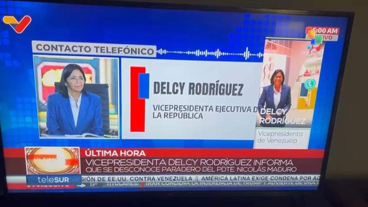 Imagen tomada del canal Telesur durante la transmisión del mensaje de la vicepresidenta de Venezuela, Delcy Rodríguez, exigiendo una prueba de vida del gobernante Nicolás Maduro, y su esposa, Cilia Flores. Maduro y Flores fueron capturados y sacados de Venezuela el sábado 3 de enero de 2026, en la madrugada, tras un ataque de las fuerzas aéreas de EEUU, anunció el presidente Donald Trump.