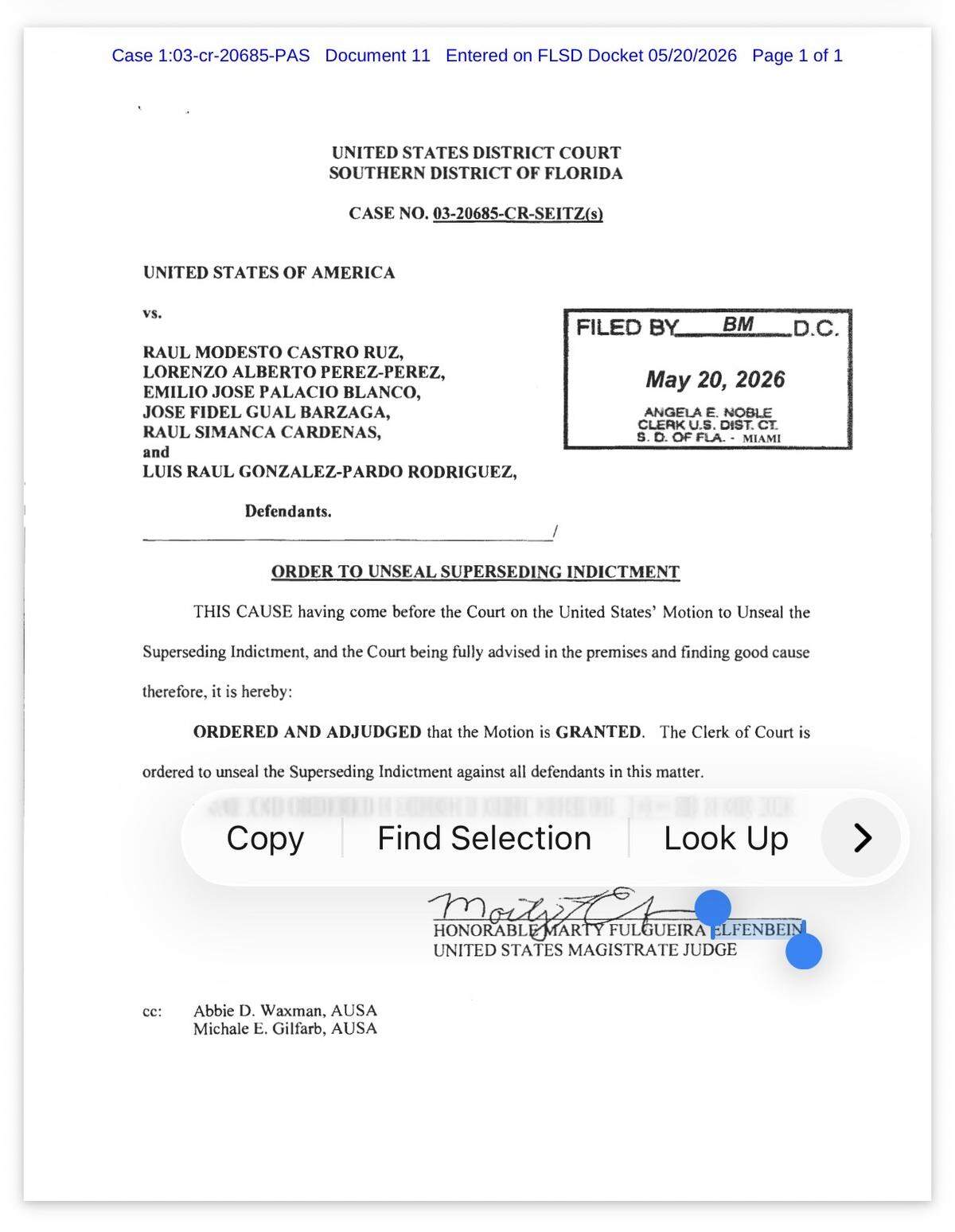 Si bien la acusación formal en sí misma no estuvo disponible de inmediato en el sistema de registros del tribunal federal, la jueza magistrada federal Mary Fulgueira Elfenbein emitió una orden el miércoles por la tarde para levantar el secreto de sumario de la acusación contra Castro y otros cinco acusados.