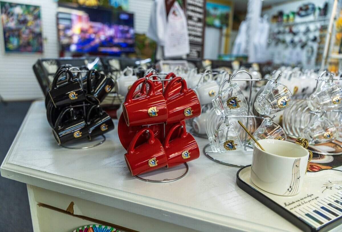 View of “Café Cubano” coffee cups, on display at “Sentir Cubano” a store established in 1999 on the iconic Calle 8 and 31st Avenue, full of Cuban related memorabilia dedicated to advancing and preserving the Cuban heritage, in Miami, on Wednesday, April 29, 2026.