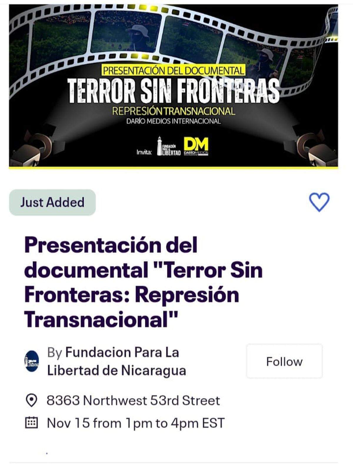 El documental “Terror Sin Fronteras: Represión Transnacional” será estrenado en Miami el 15 de noviembre de 2025.
