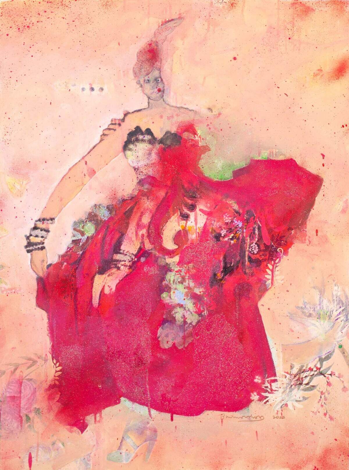 'Red Dress', 2022, de Bruce Helander, medio mixto sobre lienzo, 40 x 30 pulgadas.