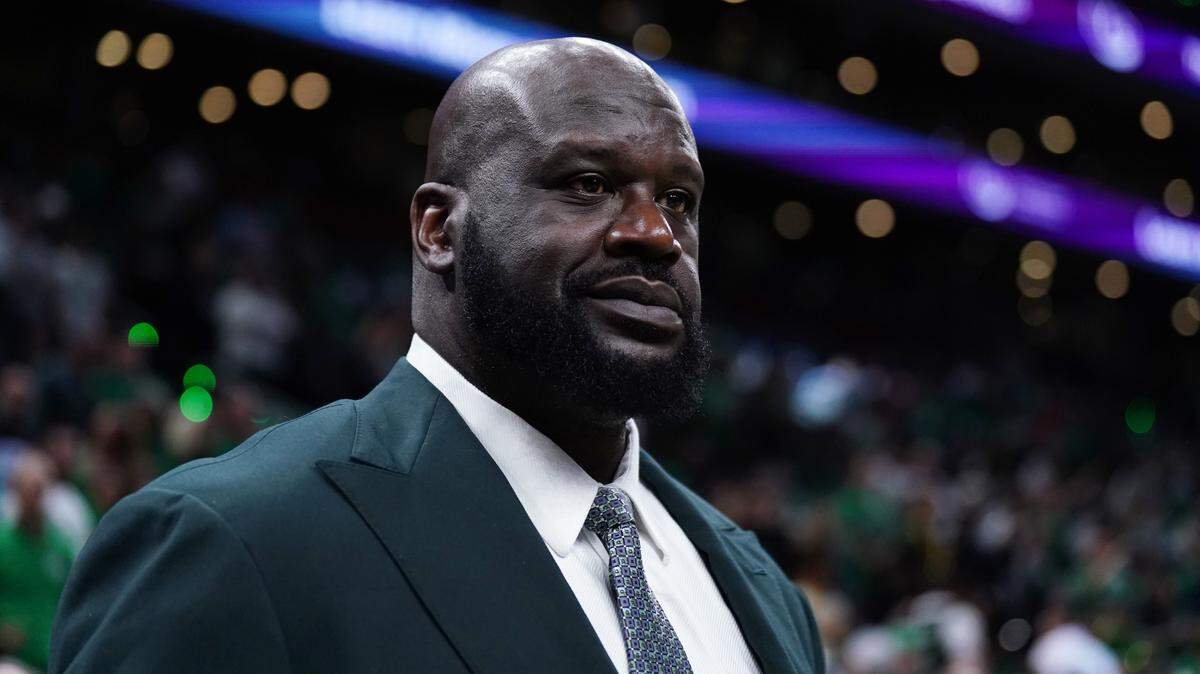 Jun 6, 2024; Boston, Massachusetts, USA; Shaquille O’Neal looks on before the game between the Boston Celtics and the Dallas Mavericks in game one of the 2024 NBA Finals at TD Garden. Mandatory Credit: David Butler II-USA TODAY Sports