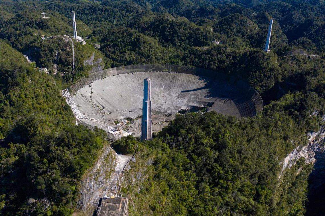 This aerial view shows the damage at the Arecibo Observatory after the platform collapsed in Arecibo, Puerto Rico, on December 1, 2020.