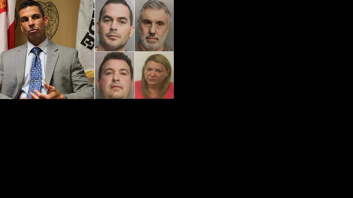 A la derecha, Juan Pérez, subdirector de la policía de Miami-Dade. A la izquierda de arriba a abajo, José Capote Rafael Prats, Dax Osle y Yulia Martínez