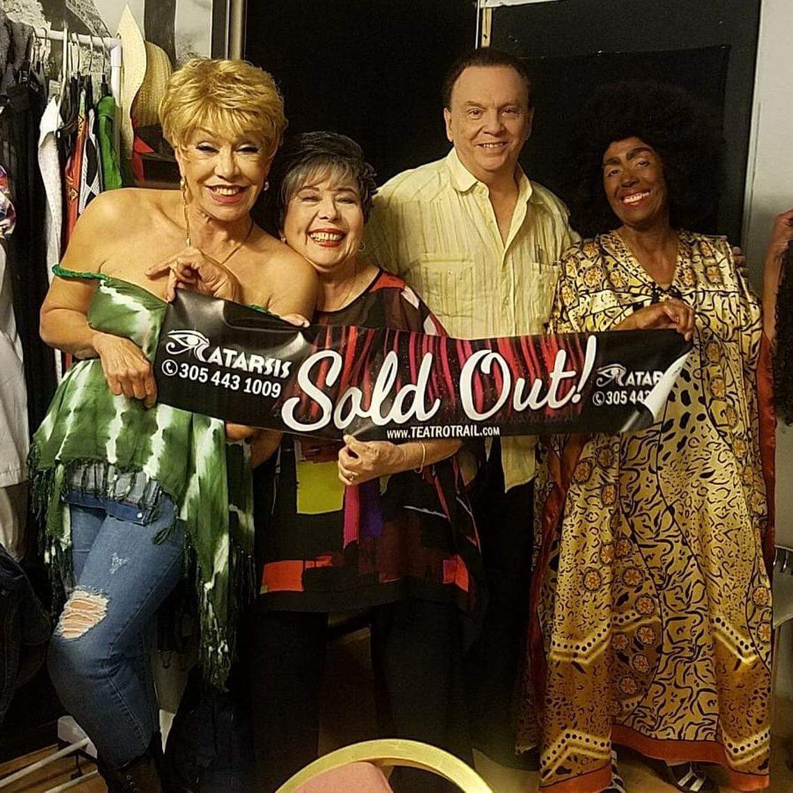 Tres Viudas en un Crucero (three widows on a cruise), a show playing in Spanish at a theater in Miami, features light-skin Cuban actress Marta Velasco (right) smeared with dark makeup, exaggerated red lips, thick, drawn-in eyebrows and an afro wig.