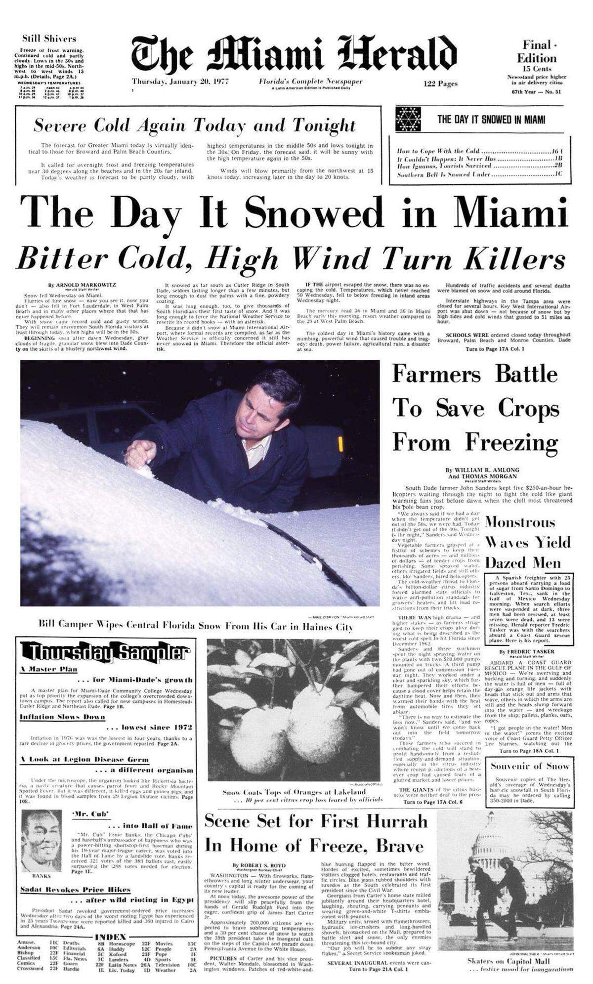 La portada del Miami Herald del 20 de enero de 1977, el día después de la nevada en Miami.