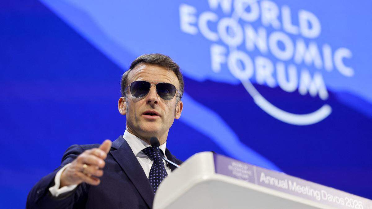 France's President Emmanuel Macron gestures as he delivers a speech during the World Economic Forum (WEF) annual meeting in Davos on January 20, 2026. The World Economic Forum takes place in Davos from January 19 to January 23, 2026. (Photo by Ludovic MARIN / AFP via Getty Images)