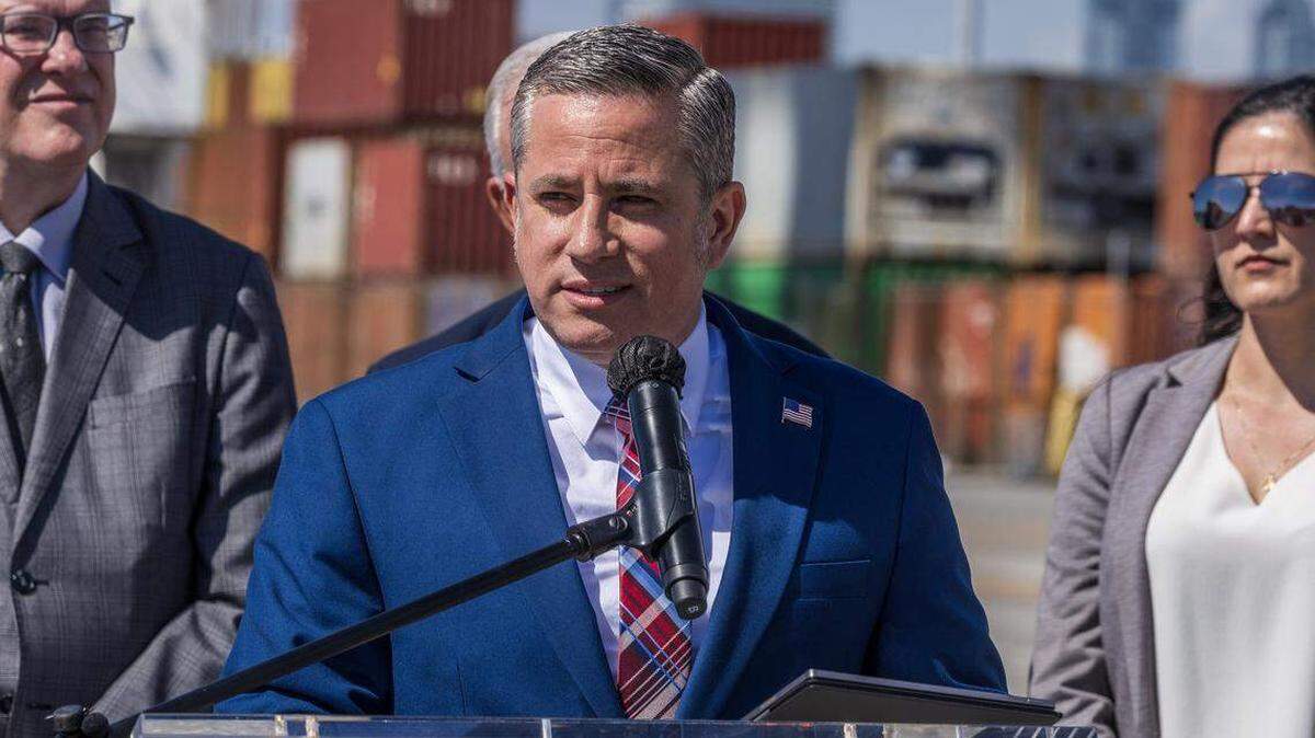 Miami-Dade County Tax Collector Dariel Fernandez speaks during a press conference at PortMiami on Tuesday, Feb. 17, 2026. Fernández’s office oversees driver’s license and identification services in Miami-Dade.