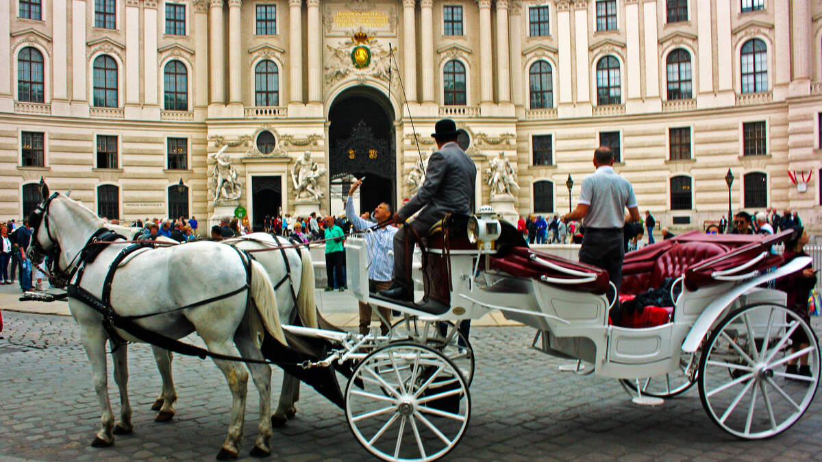 En los alrededores del Palacio Hofberg los turistas pasean en coches tirados por caballos.