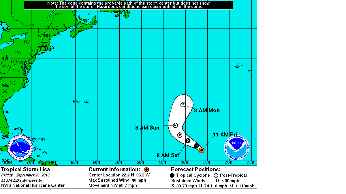 Trayectoria prevista de la tormenta tropical Lisa a las 11 a.m. del viernes 23 de septiembre de 2016. 