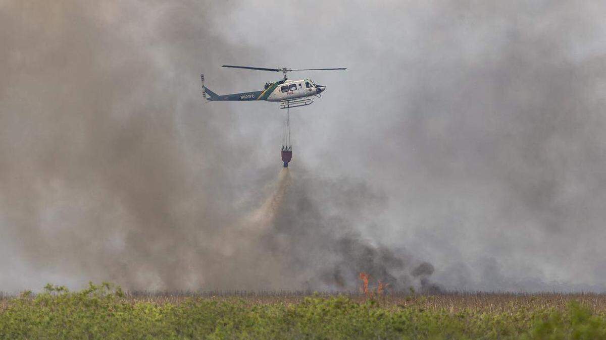 Bomberos del Servicio Forestal de la Florida utilizan un helicóptero para transportar agua mientras combaten un incendio forestal en los Everglades cerca de la carretera federal 27 el jueves 21 de agosto de 2025, en el sur de Florida.