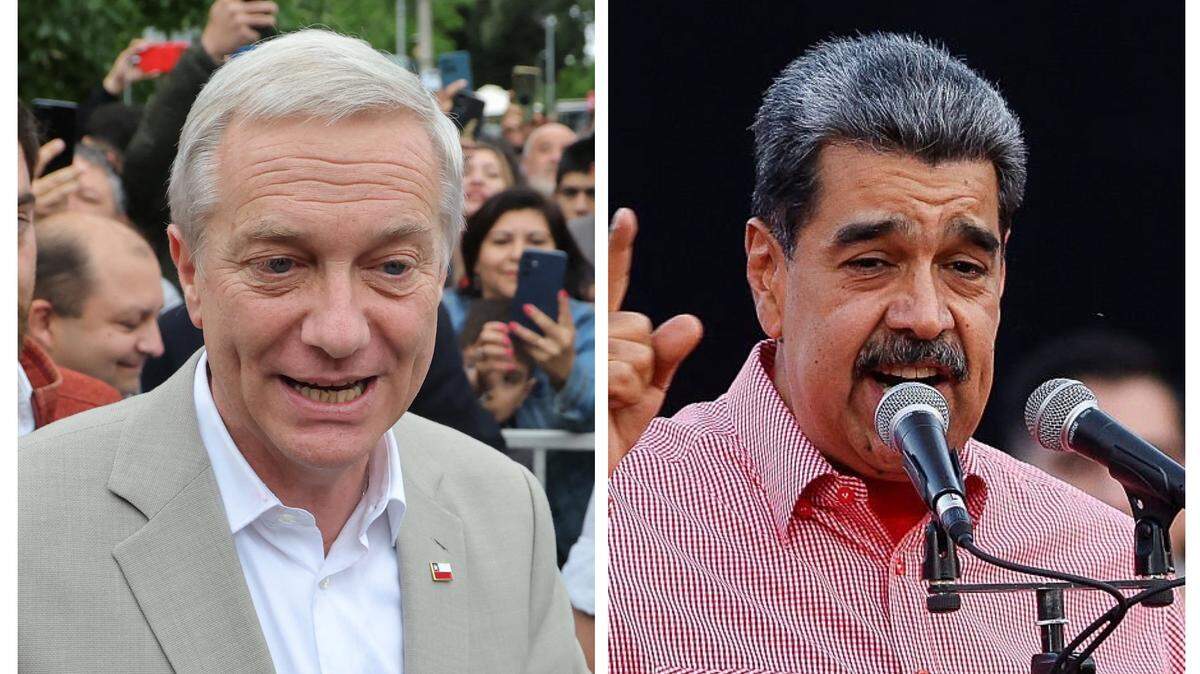 El presidente electo de Chile, José Antonio Kast (izq.), el martes describió como “narcodictador” al gobernante de Venezuela, Nicolás Maduro.
