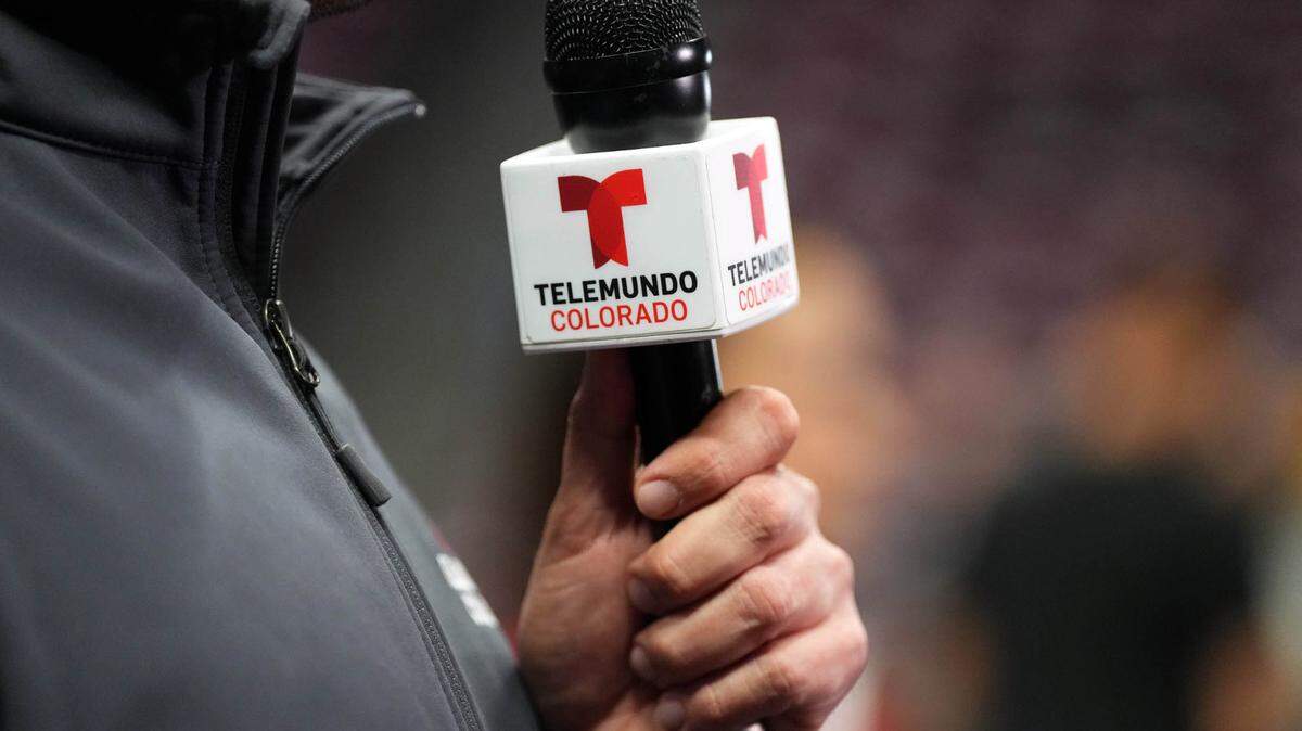 May 16, 2023; Denver, Colorado, USA; Detail view of a Telemundo Colorado microphone before game one between the Los Angeles Lakers and the Denver Nuggets in the Western Conference Finals for the 2023 NBA playoffs at Ball Arena. Mandatory Credit: Ron Chenoy-USA TODAY Sports