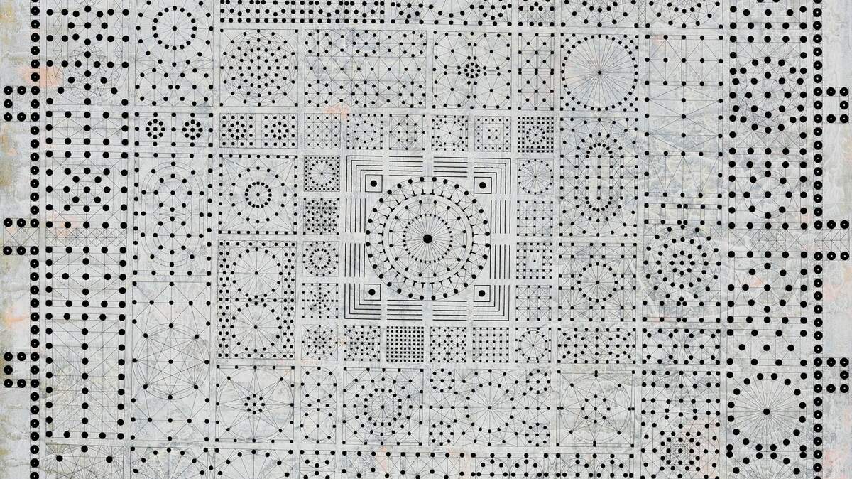 ‘Ciudad imaginable’, 2018, óleo y lápices de acuarela sobre lienzo, 96 x 96 pulgadas.