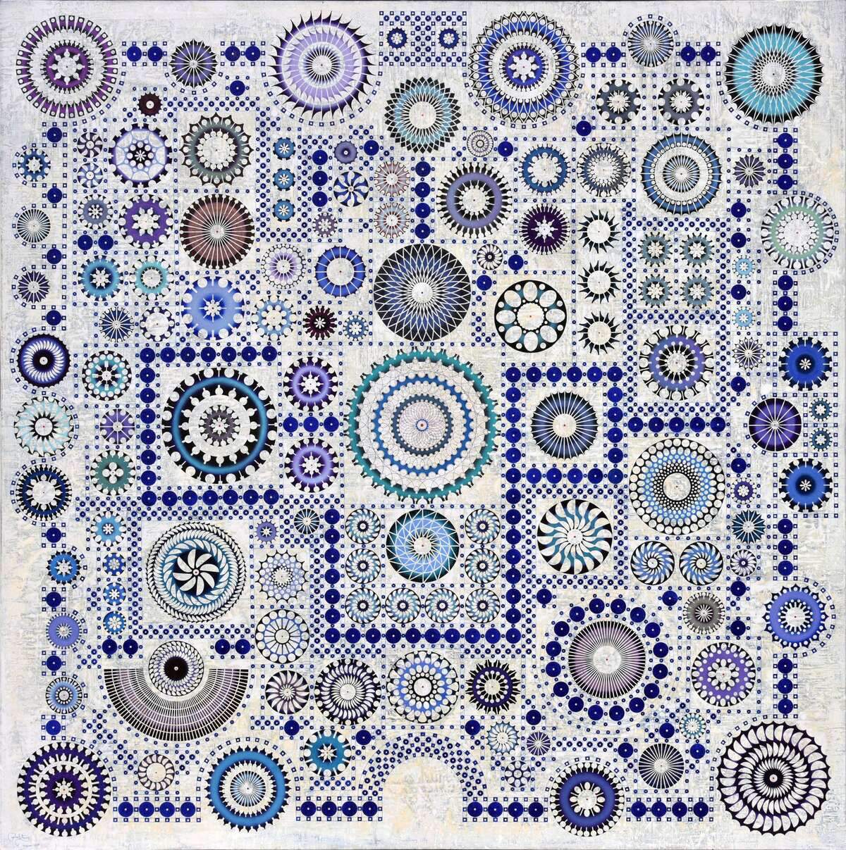 ‘Sanctuary City’, 2019, óleo y lápices de acuarela sobre lienzo, 108 x 108 pulgadas.