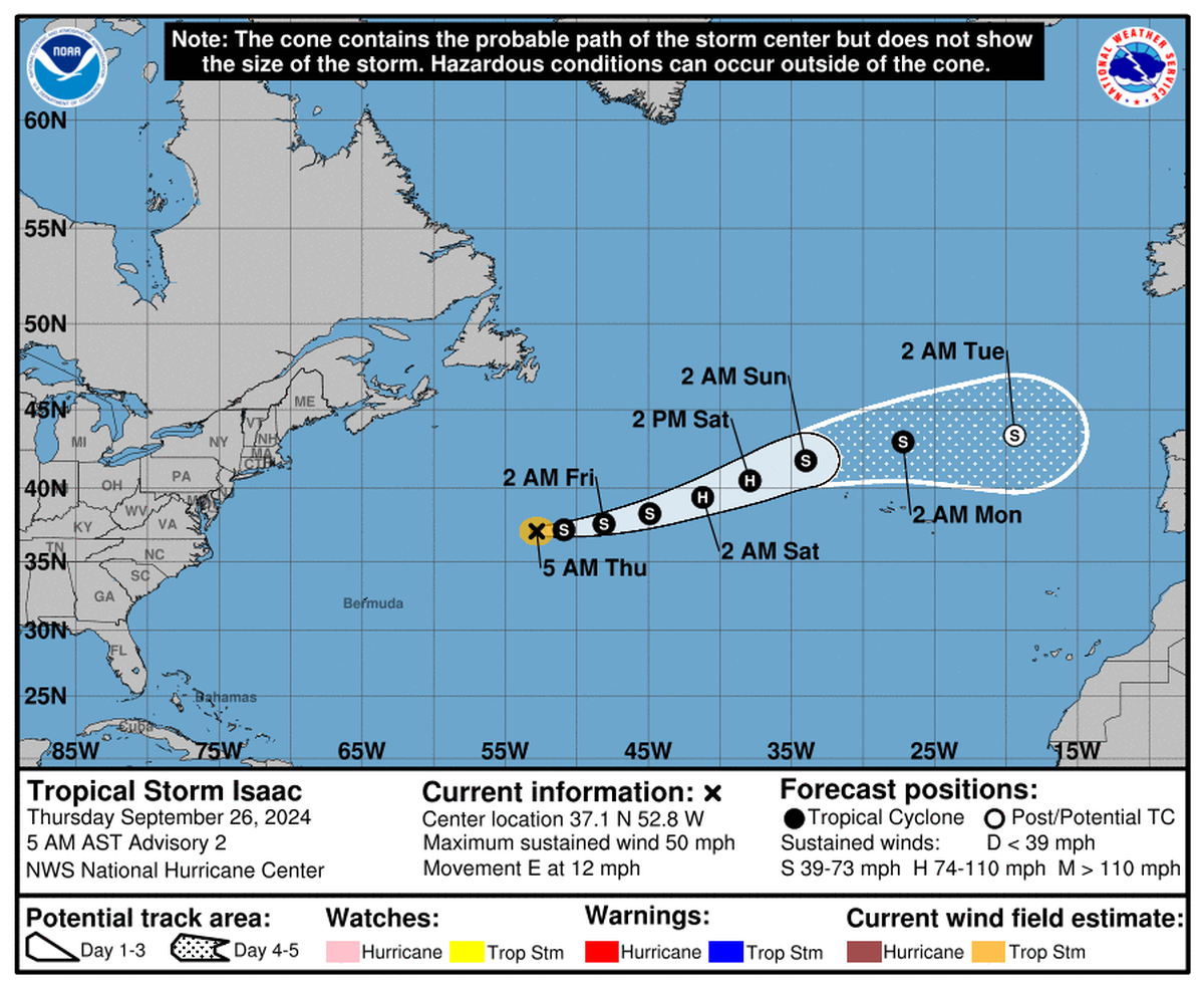 La tormenta tropical Isaac se formó este 26 de septiembre de 2024 en el Atlántico.