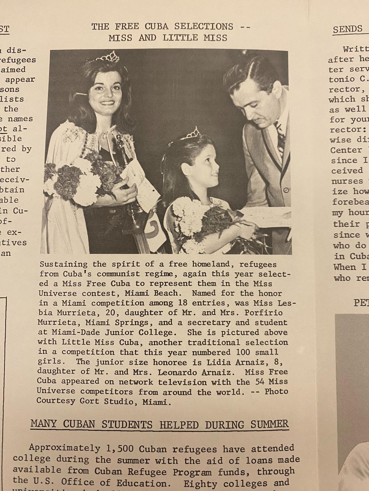 Miss Free Cuba, Lesbia Murrieta, de Miami Springs, que representó a Cuba en el concurso de Miss Universe 1966, celebrado en Miami Beach, con Little Miss Cuba, Lidia Arnaiz, tomado de una publicación del Cuban Refugee Center, ubicado en Freedom Tower.