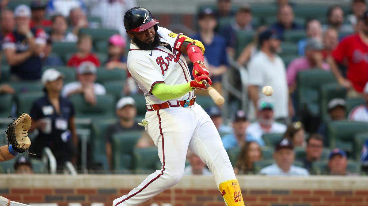 El bateador designado de los Bravos Marcell Ozuna remolcó dos carreras en el triunfo de su equipo 3-0 ante los Mets de Nueva York, en el partido celebrado el 30 de septiembre de 2024 en Atlanta.
