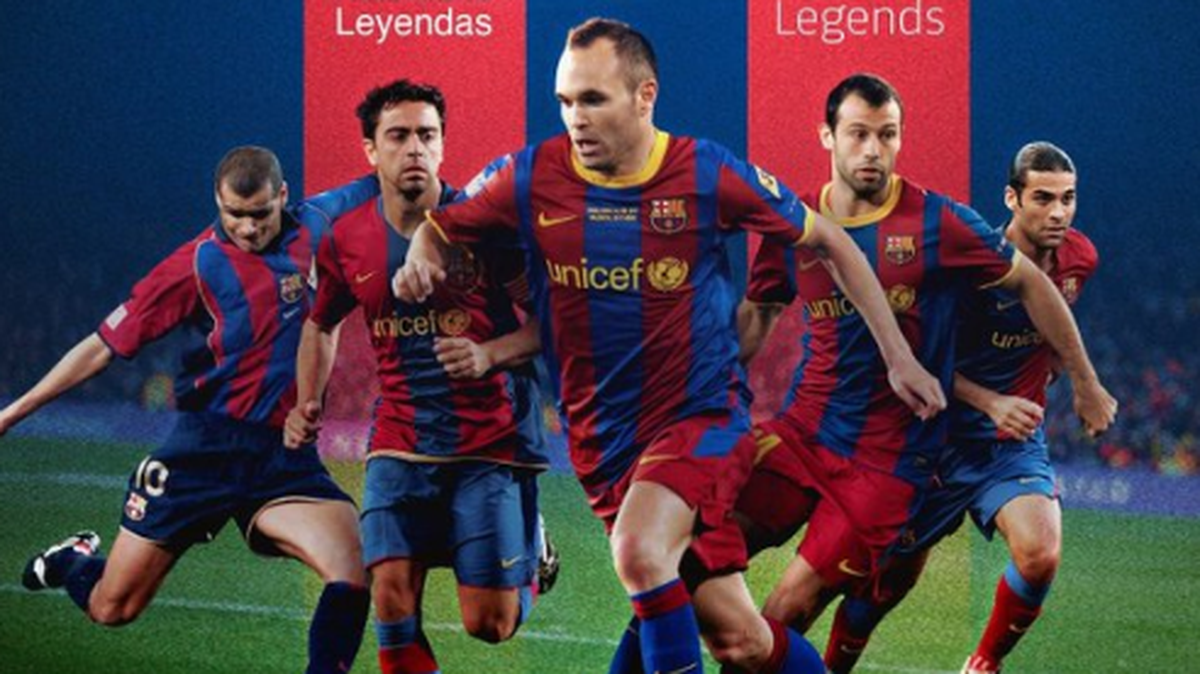 Rivaldo, Xavi Hernández, Andrés Iniesta, Javier Mascherano y Rafa Márquez (de izq. a der.) son algunos de los jugadores de Barcelona que participarán en el partido ante el Real Madrid, el 14 de diciembre de 2024 en Japón.