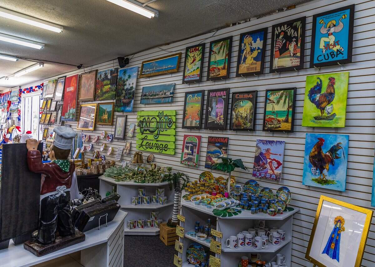 View of posters, paintings, etc, on display at “Sentir Cubano” a store established in 1999 on the iconic Calle 8 and 31st Avenue, full of Cuban related memorabilia dedicated to advancing and preserving the Cuban heritage, in Miami, on Wednesday, April 29, 2026.