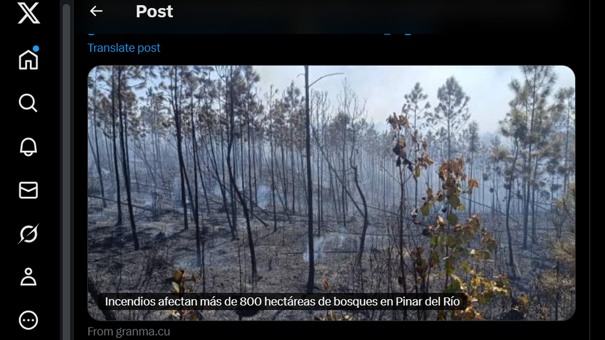 Foto tomada el miércoles de la cuenta de X del medio estatal cubano Granma.cu, que muestra un bosque afectado por un incendio forestal.