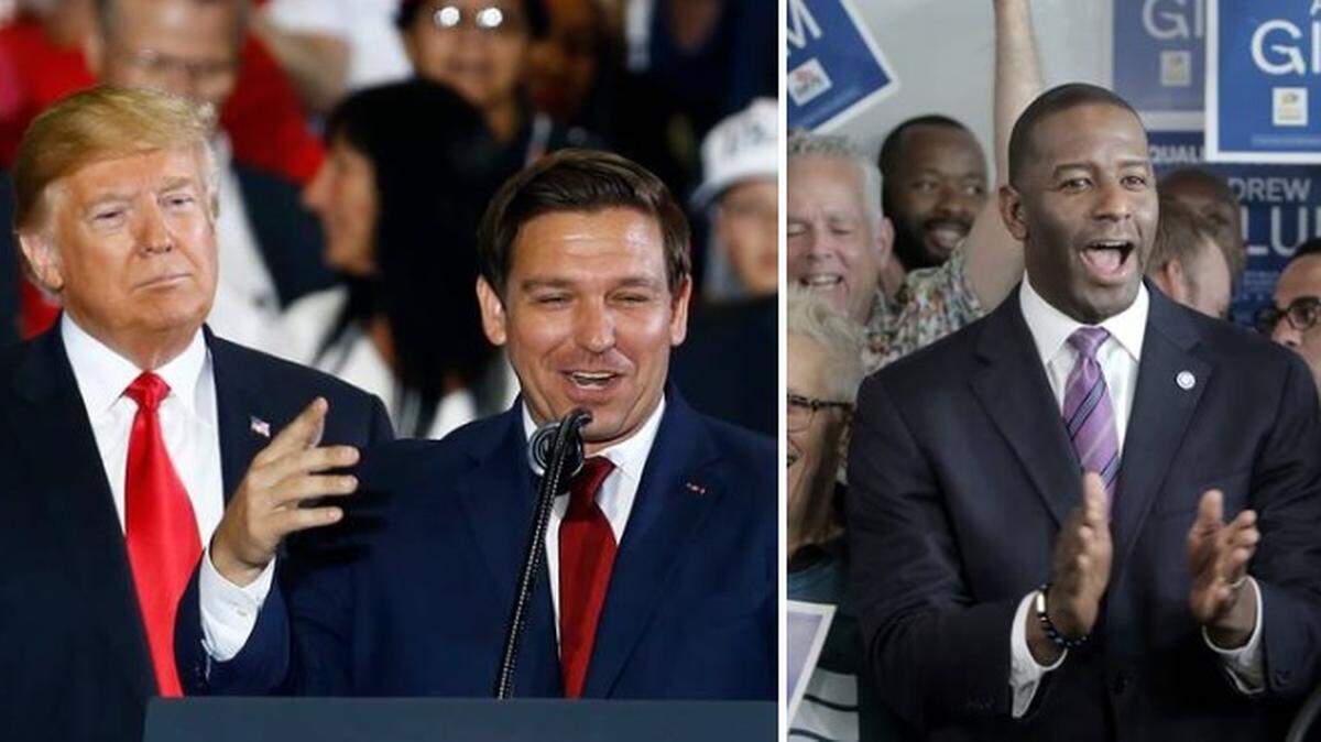 El republicano Ron DeSantis (centro) contó con el respaldo del presidente Donald Trump en toda la campaña electoral contra su rival, el demócrata Andrew Gillum (der.)