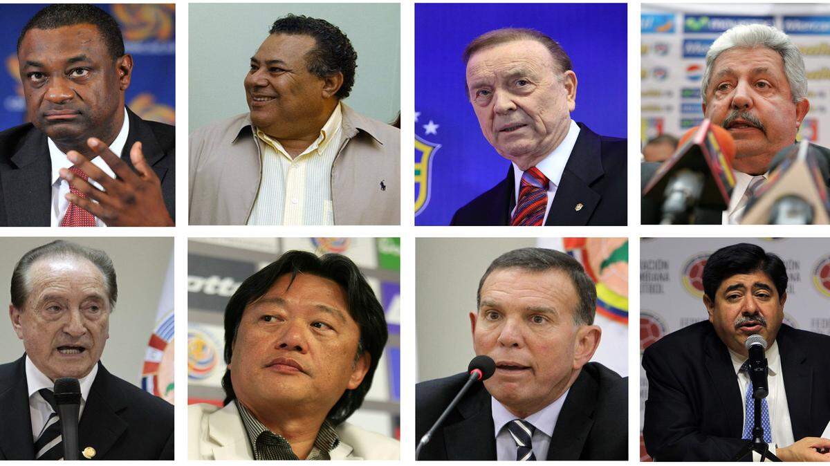 De izquierda a derecha-arriba, el expresidente de la CONCACAF, Jeffrey Webb; al expresidente del Comité Olímpico de Nicaragua, Julio Rocha; el expresidente de la Confederación brasileña de fútbol, José Maria Marín; y el expresidente de la Federación Venezolana de Fútbol, Rafael Esquivel. De izquierda a derecha-abajo, el expresidente de la Conmebol, el uruguayo Eugenio Figueredo; el expresidente de la Federación Costarricense de Fútbol, Eduardo Li; el expresidente de la Confederación Sudamericana de Fútbol, Juan Angel Napout; y el expresidente de la Federación Colombiana de Fútbol, Luis Bedoya. Los exdirectivos de fútbol de América hacen parte del caso FIFA, bautizado como 'FIFAgate', por su implicación en la red de "corrupción institucionalizada" del máximo órgano de dirección del fútbol mundial.