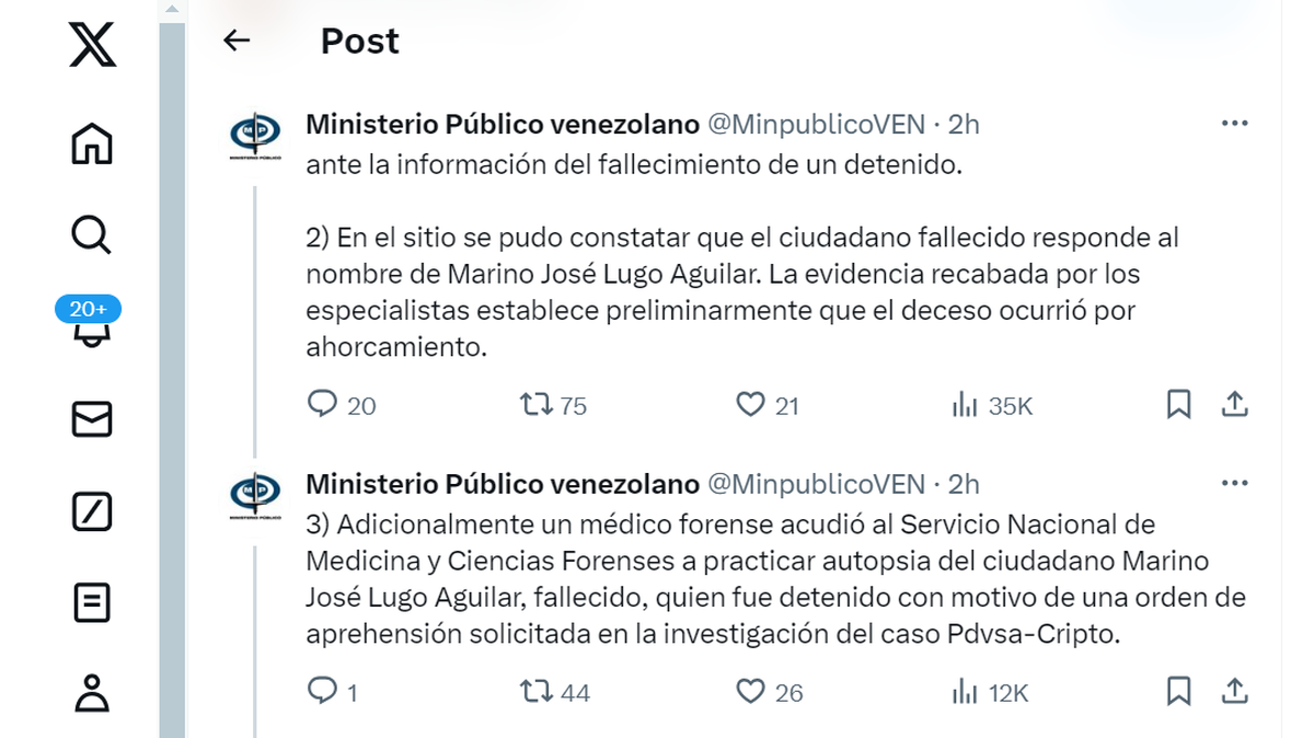 Imagen tomada de la cuenta en X (antes Twitter) del Ministerio Público (Fiscalía) de Venezuela, anunciando el fallecimiento del exmilitar venezolano Marino Lugo, acusado de corrupción dentro de la empresa estatal Petróleos de Venezuela (PDVSA).