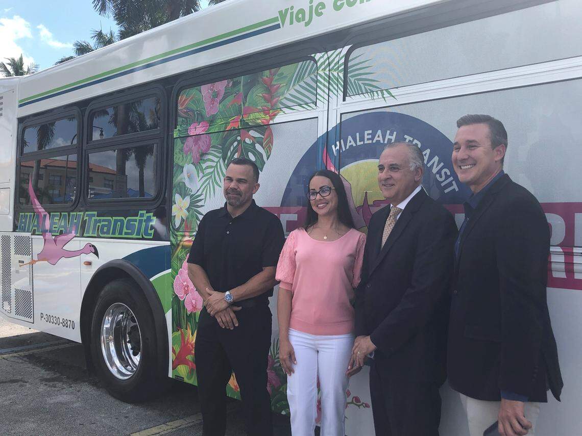 Hialeah Mayor Esteban “Steve” Bovo, along with City Council Members Jacqueline Garcia-Roves and Luis Rodriguez, and Miami-Dade Commissioner René Garcia, during the announcement of free public transportation service in the municipality.