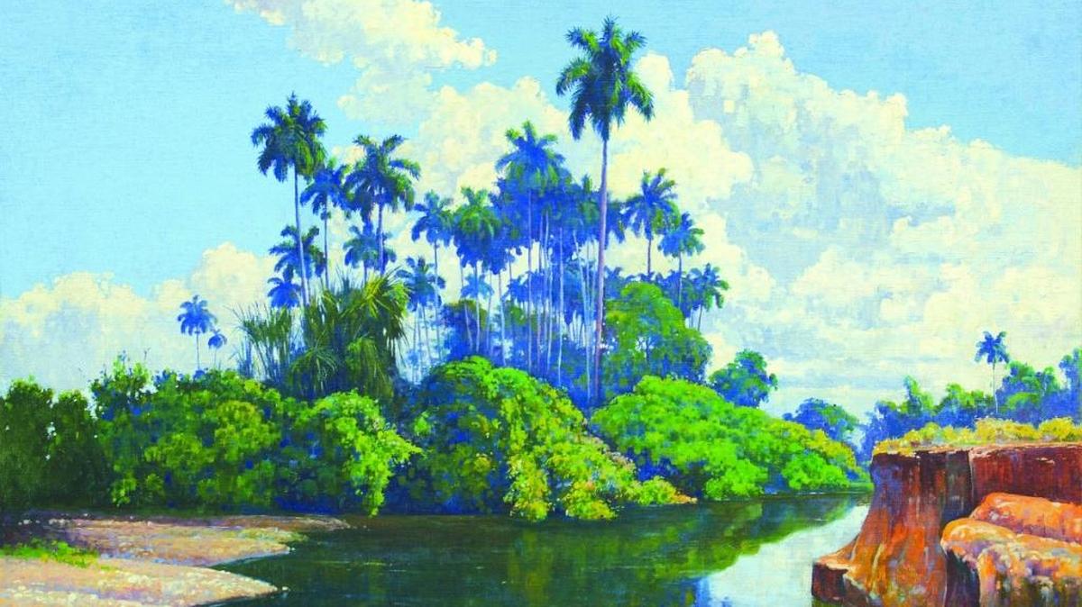 ‘Paisaje con río y palmeras’, 1950, de Domingo Ramos. Óleo sobre lienzo y sobre madera, 35 1/2 x 47 1/4 pulgadas. Colección privada.